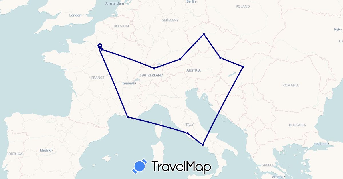 TravelMap itinerary: driving in Austria, Switzerland, Czech Republic, Germany, France, Hungary, Italy (Europe)